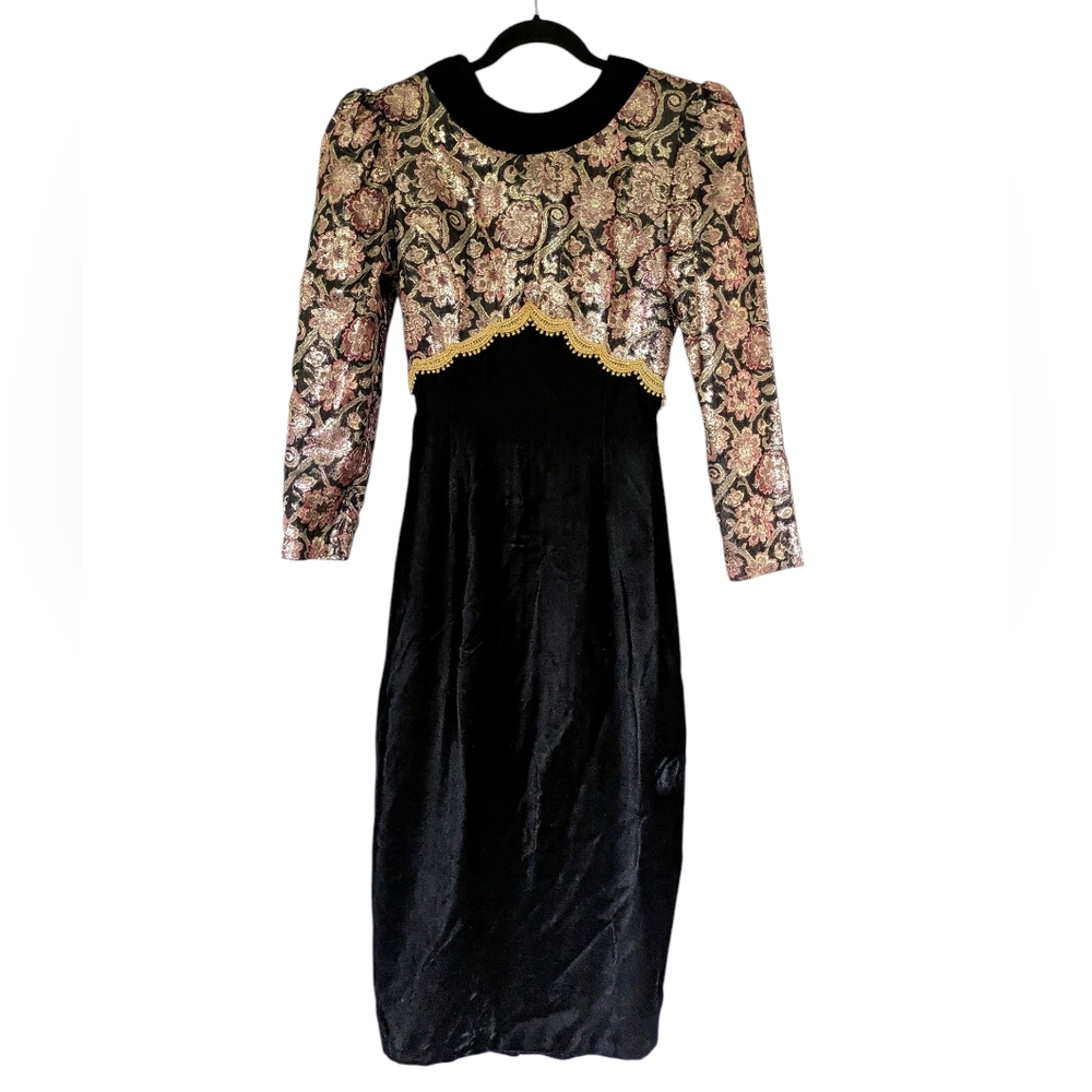 90s Vintage Jessica McClintock‎ Black Velvet and Gold Brocade Puff Sleeve Dress